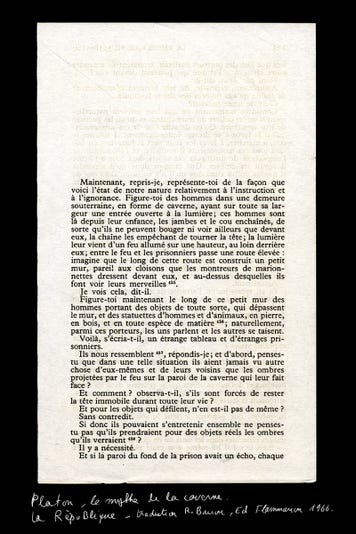 Platon, le mythe de la caverne, La république, traduction R. Baccou, Flammarion, 1999